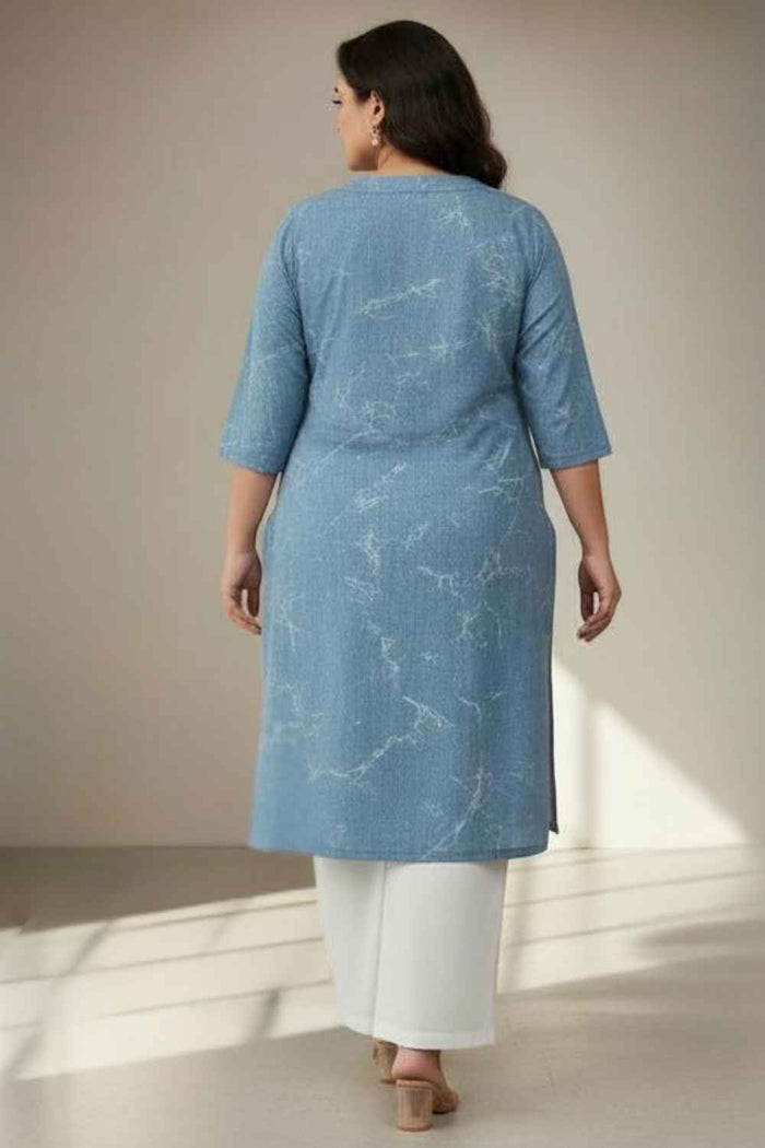 Plus Size Denim Cotton V Neck Kurta Marble Wash