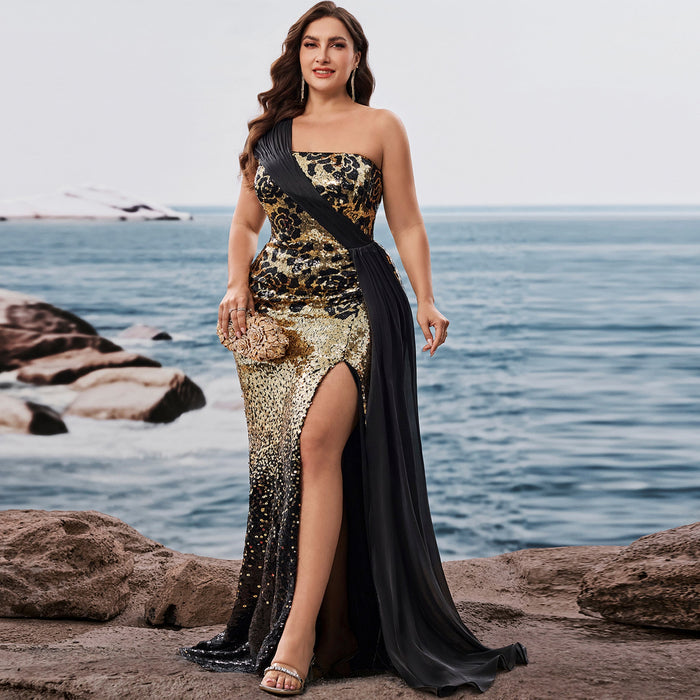 Plus Size Elegant off-shoulder Sleeveless Evening Dress with sequins and Leg Slit - Rosymae