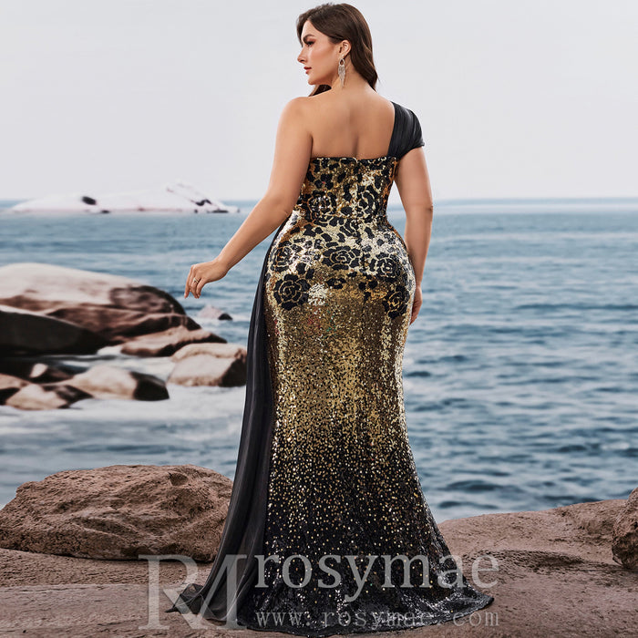 Plus Size Elegant off-shoulder Sleeveless Evening Dress with sequins and Leg Slit - Rosymae