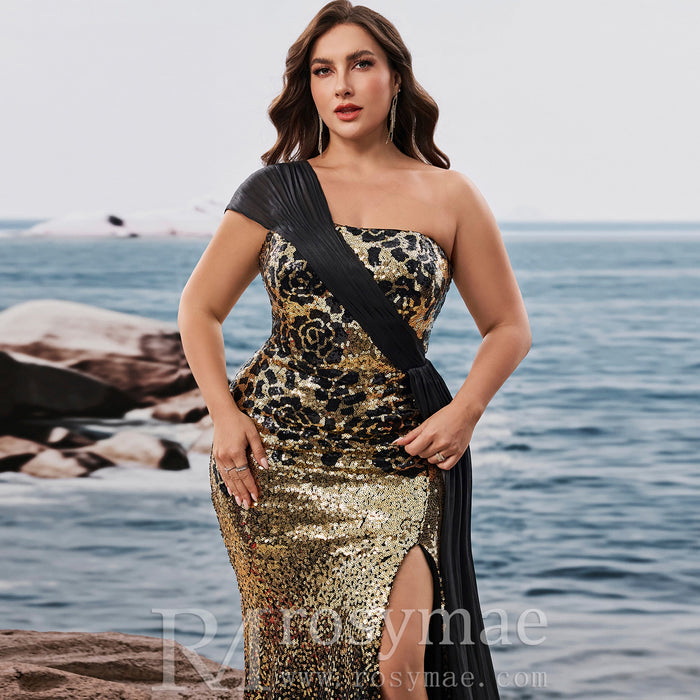 Plus Size Elegant off-shoulder Sleeveless Evening Dress with sequins and Leg Slit - Rosymae