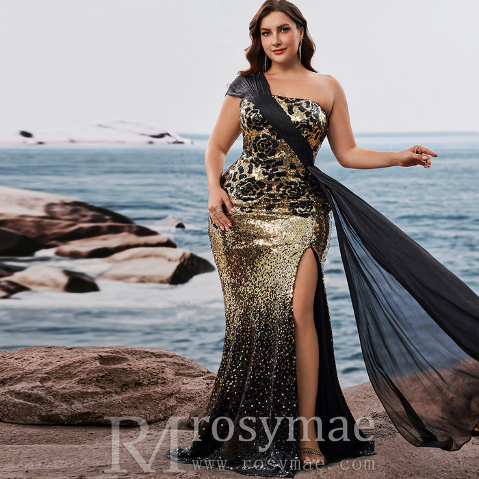 Plus Size Elegant off-shoulder Sleeveless Evening Dress with sequins and Leg Slit - Rosymae