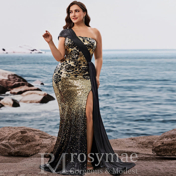 Plus Size Elegant off-shoulder Sleeveless Evening Dress with sequins and Leg Slit - Rosymae