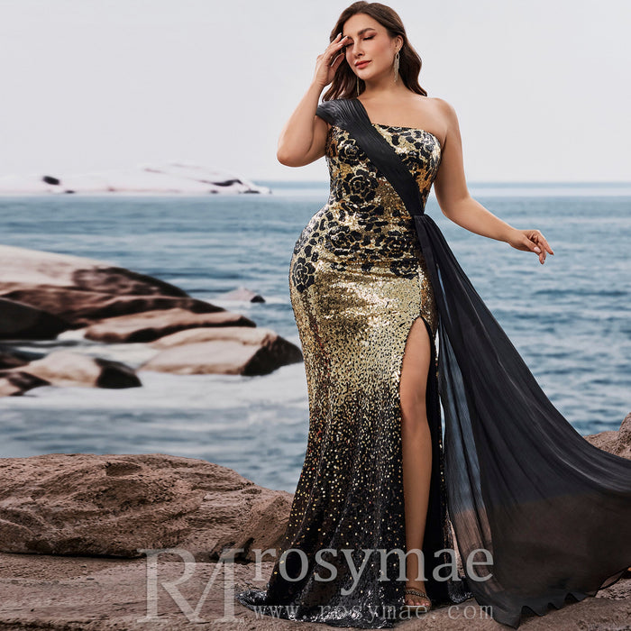 Plus Size Elegant off-shoulder Sleeveless Evening Dress with sequins and Leg Slit - Rosymae