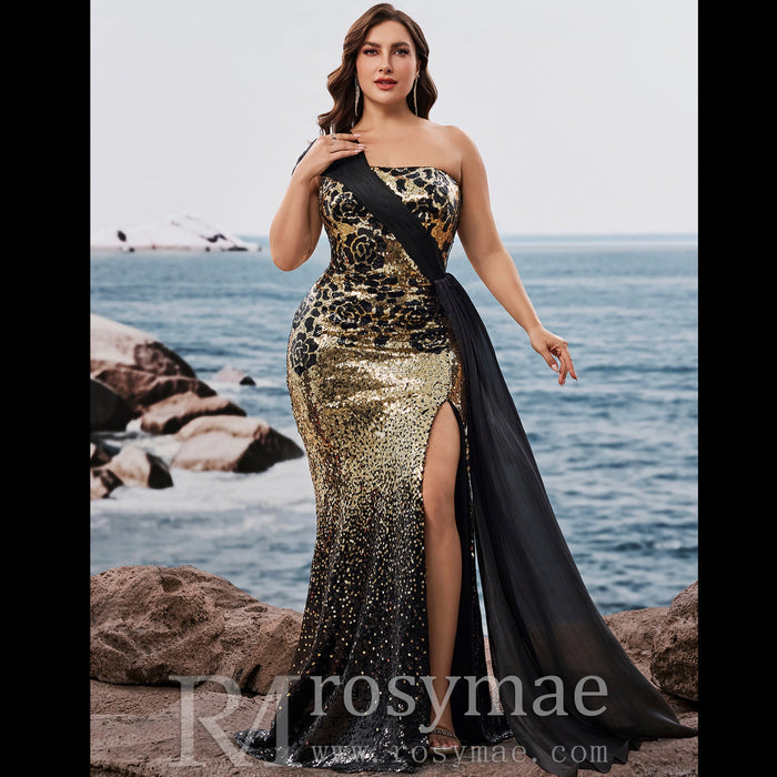 Plus Size Elegant off-shoulder Sleeveless Evening Dress with sequins and Leg Slit - Rosymae