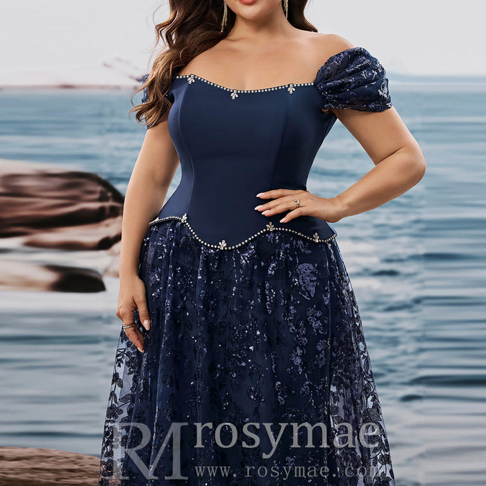 Plus Size Elegant Sequin Splicing Formal Evening Dress Women Party Gown - Rosymae