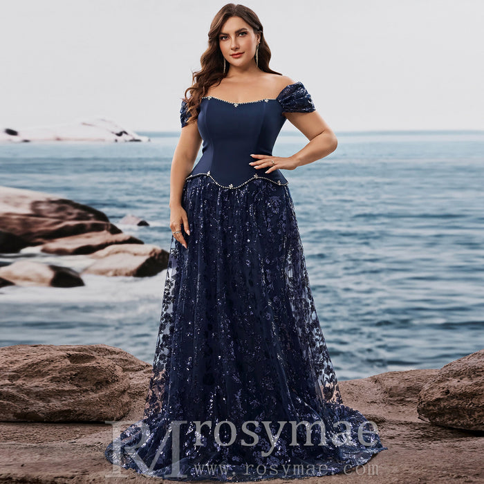 Plus Size Elegant Sequin Splicing Formal Evening Dress Women Party Gown - Rosymae