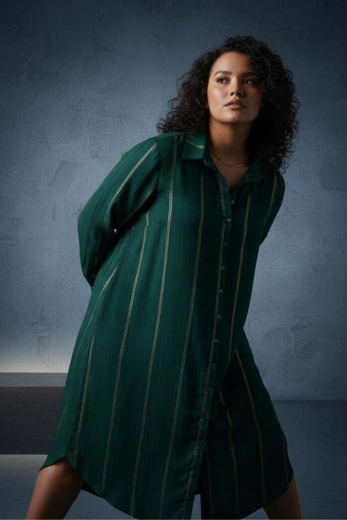 Plus Size Emerald Green Golden Pin Striped Shirt Dress