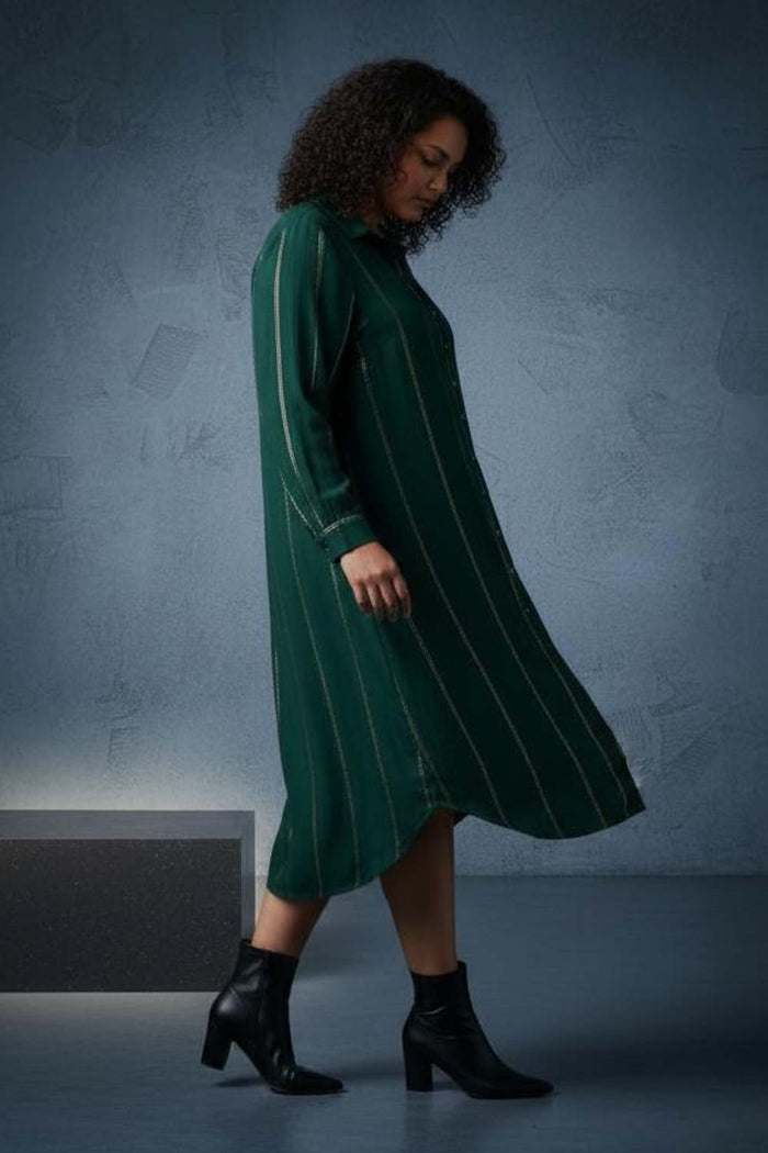 Plus Size Emerald Green Golden Pin Striped Shirt Dress