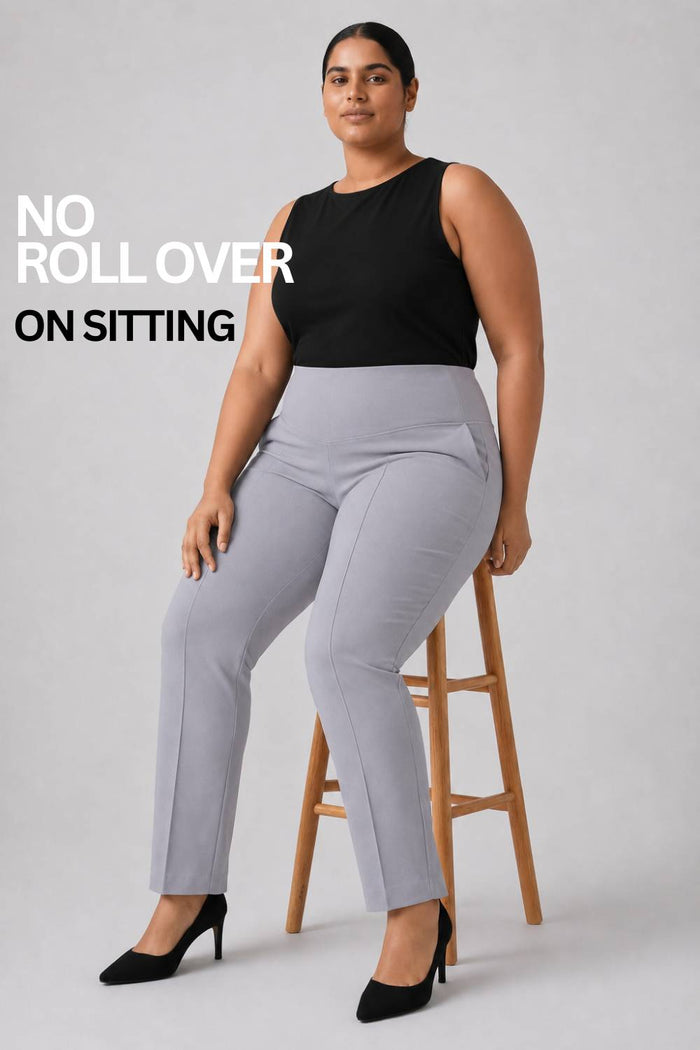 Plus Size English Grey Tummy Shaper Straight Fit Pants