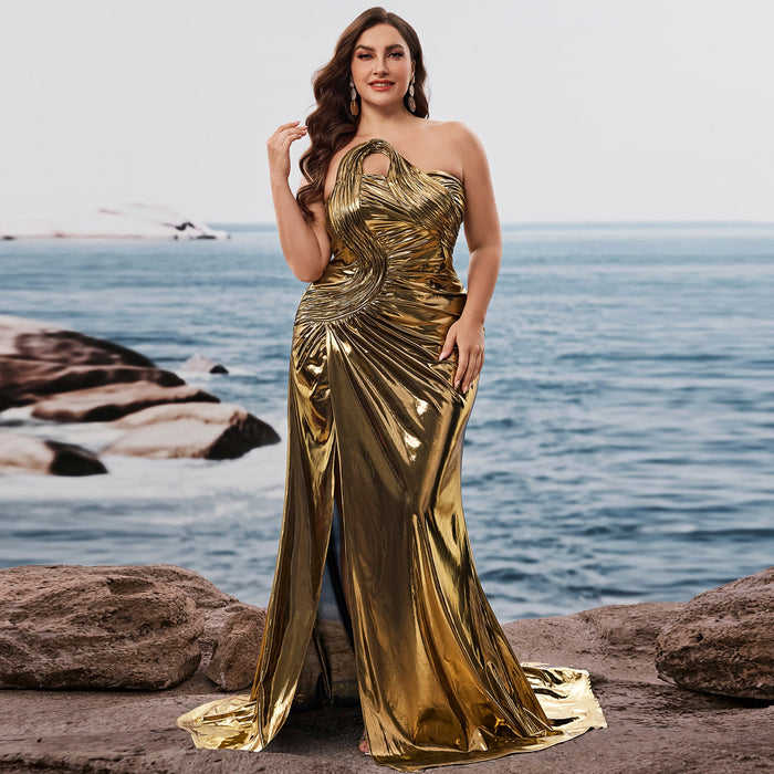 Plus Size Gold Maxi Evening Dress Mermaid Wedding Party Night Elegant Gown - Rosymae
