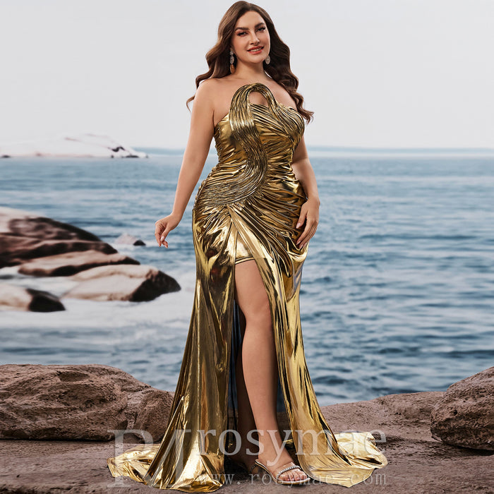 Plus Size Gold Maxi Evening Dress Mermaid Wedding Party Night Elegant Gown - Rosymae