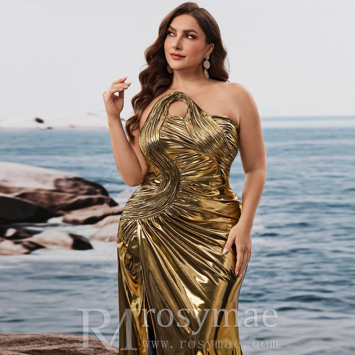 Plus Size Gold Maxi Evening Dress Mermaid Wedding Party Night Elegant Gown - Rosymae
