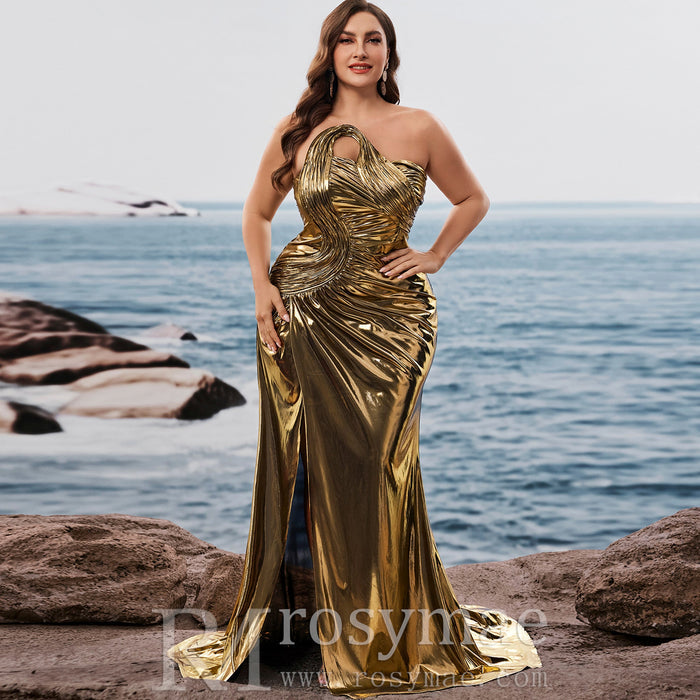 Plus Size Gold Maxi Evening Dress Mermaid Wedding Party Night Elegant Gown - Rosymae