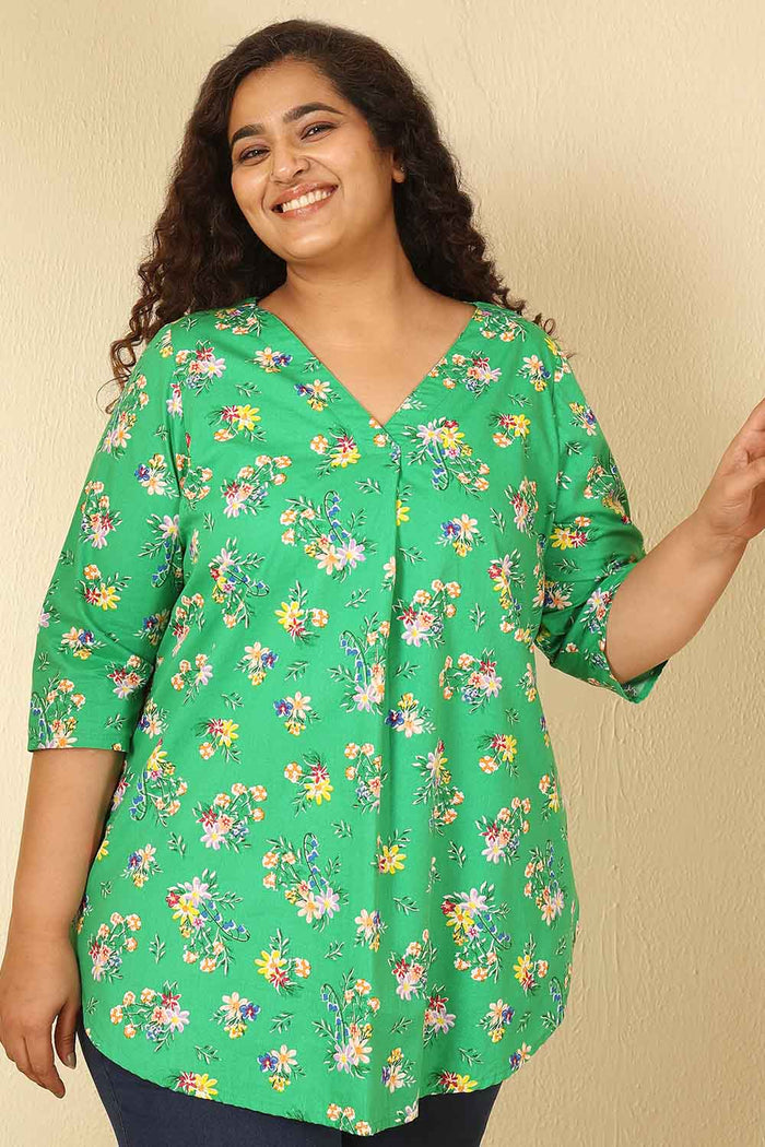 Plus Size Green Floral Print Cotton V Neck Top