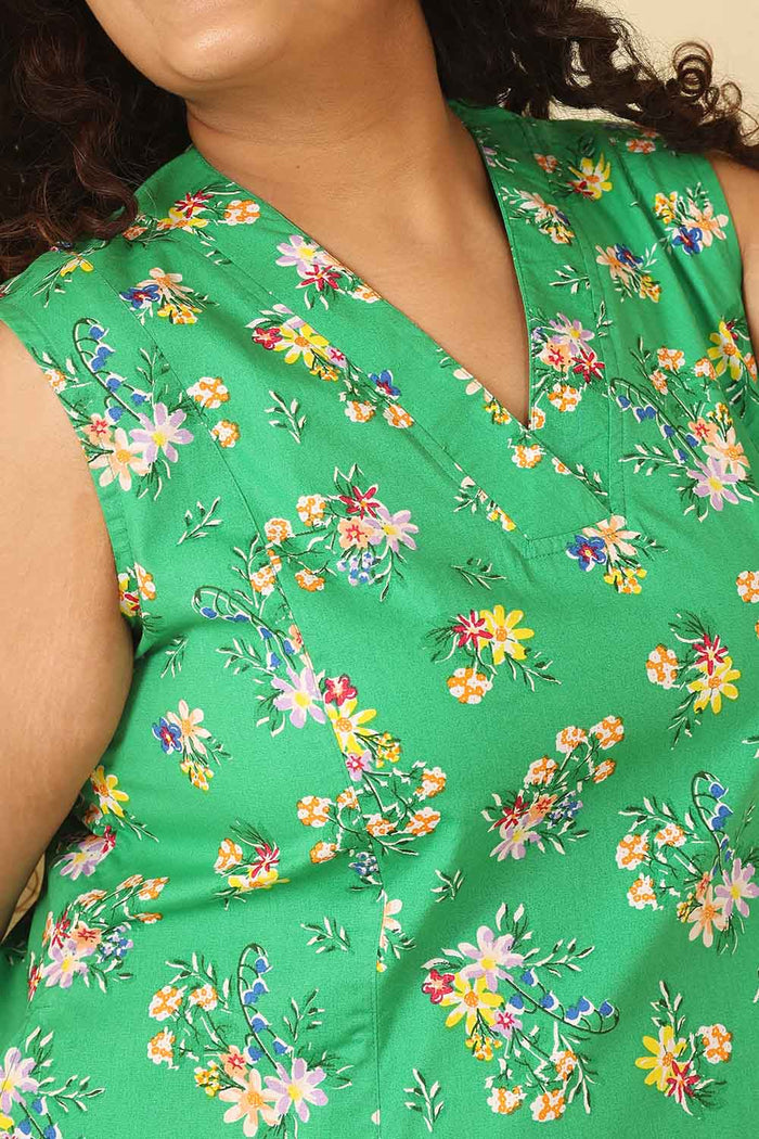 Plus Size Green Floral Print Sleeveless Cotton Midi Dress