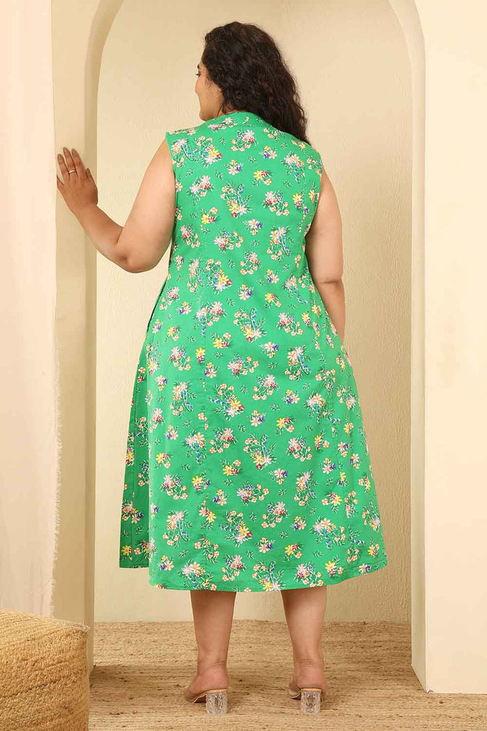 Plus Size Green Floral Print Sleeveless Cotton Midi Dress