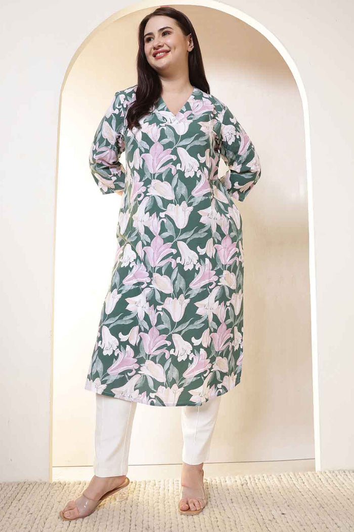 Plus Size Green & Pink Flower Print V Neck Rayon Kurta