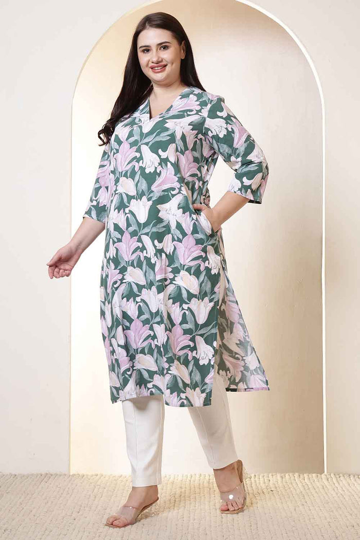 Plus Size Green & Pink Flower Print V Neck Rayon Kurta