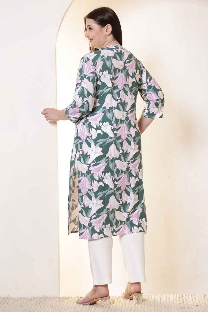 Plus Size Green & Pink Flower Print V Neck Rayon Kurta
