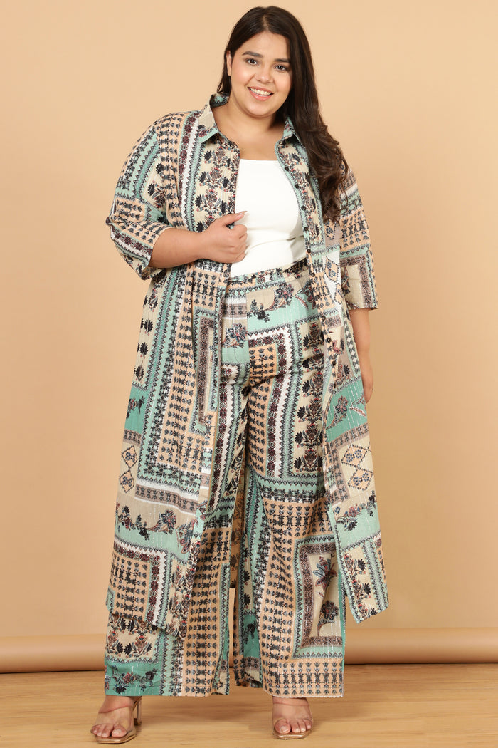 Plus Size Green White Ethnic Scarf Print Cotton High Waist Pants