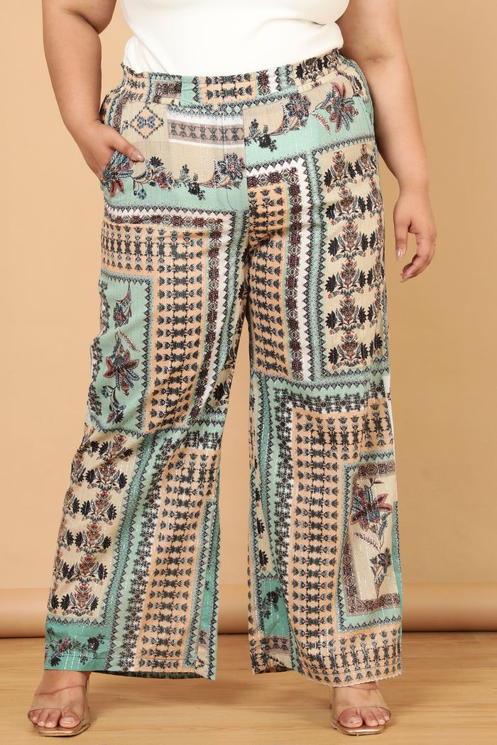 Plus Size Green White Ethnic Scarf Print Cotton High Waist Pants
