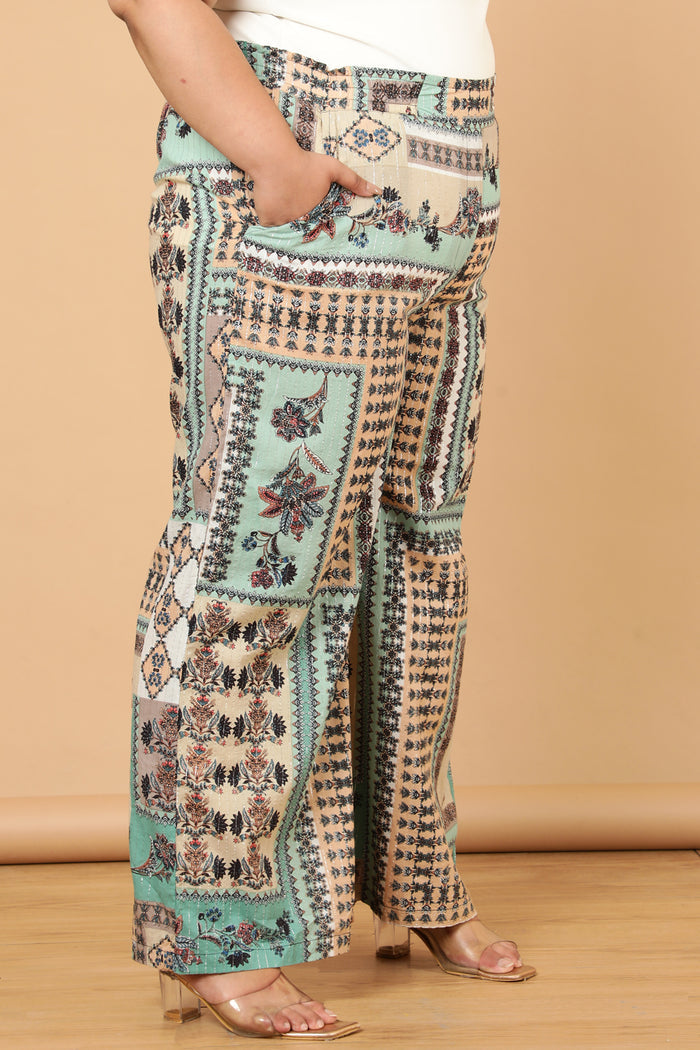 Plus Size Green White Ethnic Scarf Print Cotton High Waist Pants