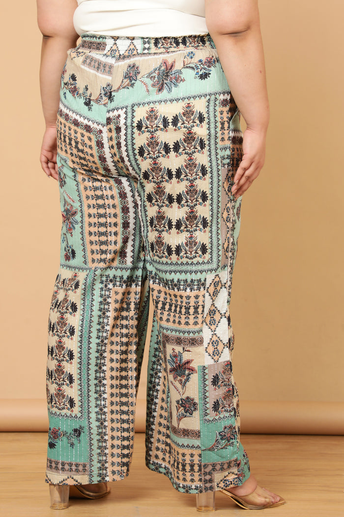 Plus Size Green White Ethnic Scarf Print Cotton High Waist Pants