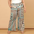 Plus Size Green White Ethnic Scarf Print Cotton High Waist Pants