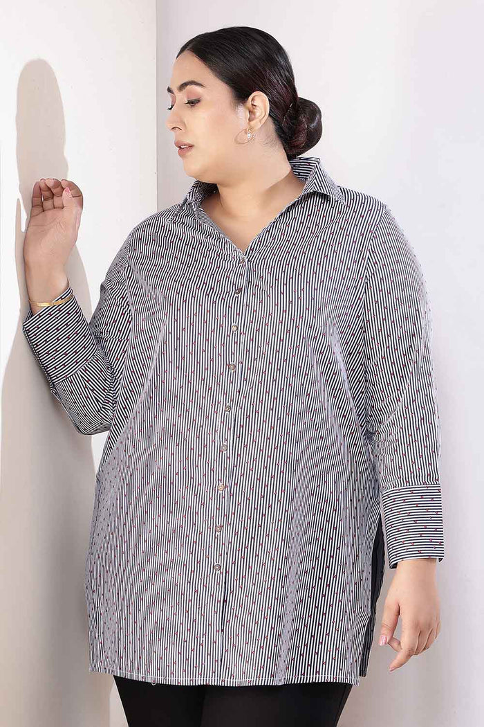 Plus Size Little Beatle Striped High Slit Styled Cuff Cotton Shirt