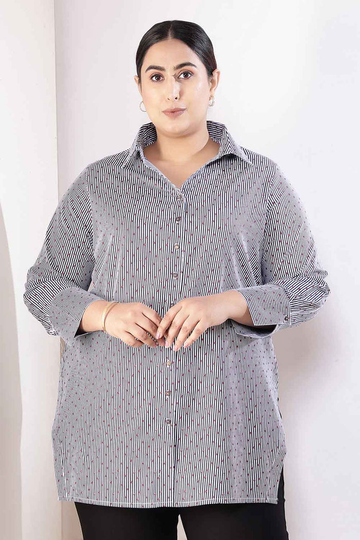 Plus Size Little Beatle Striped High Slit Styled Cuff Cotton Shirt