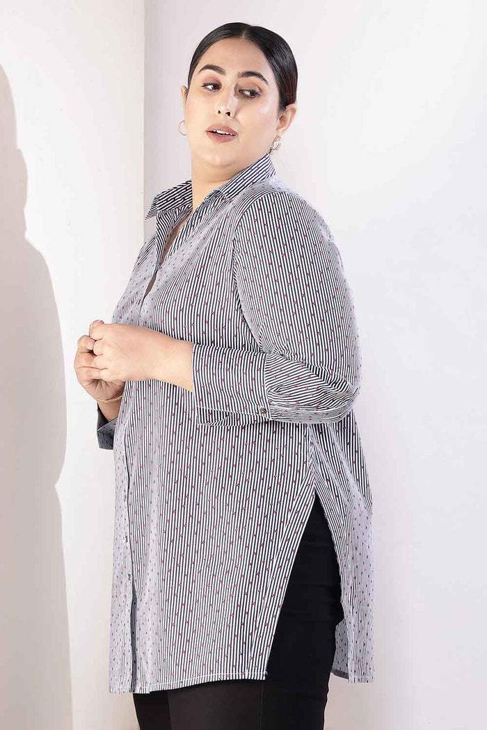 Plus Size Little Beatle Striped High Slit Styled Cuff Cotton Shirt