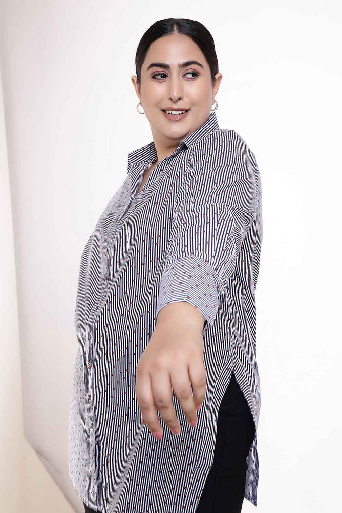 Plus Size Little Beatle Striped High Slit Styled Cuff Cotton Shirt