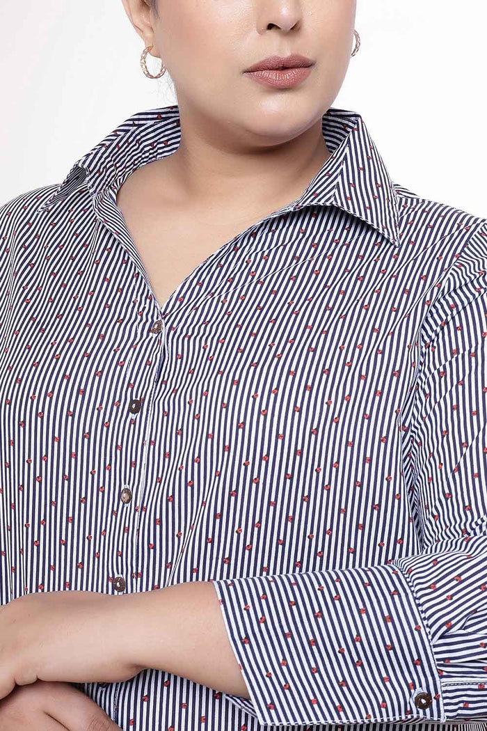 Plus Size Little Beatle Striped High Slit Styled Cuff Cotton Shirt