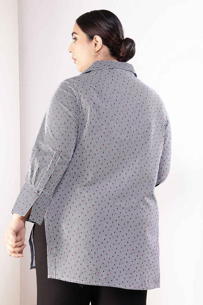 Plus Size Little Beatle Striped High Slit Styled Cuff Cotton Shirt