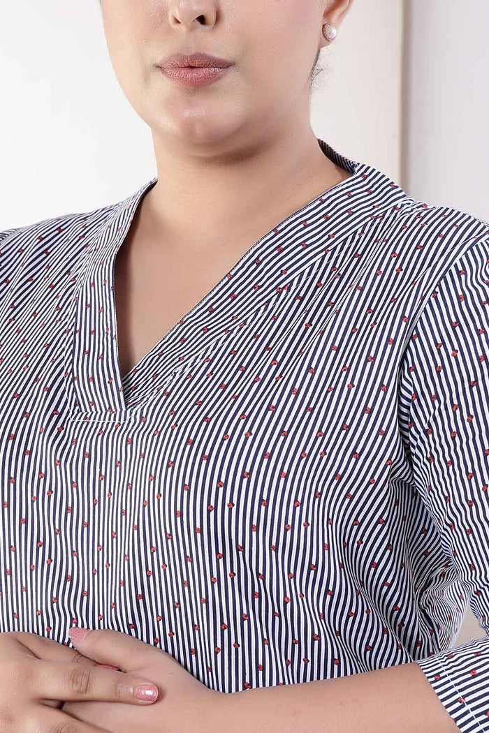 Plus Size Little Beatle Striped V Neck Cotton Kurta