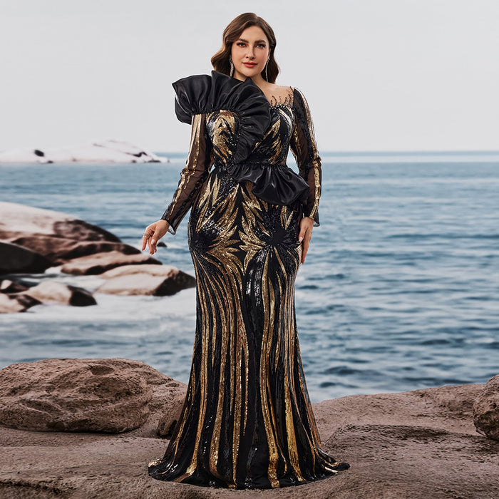 Plus Size Luxury Sequin Long Sleeves Mermaid Evening Dress with Ruffle Trim - Rosymae