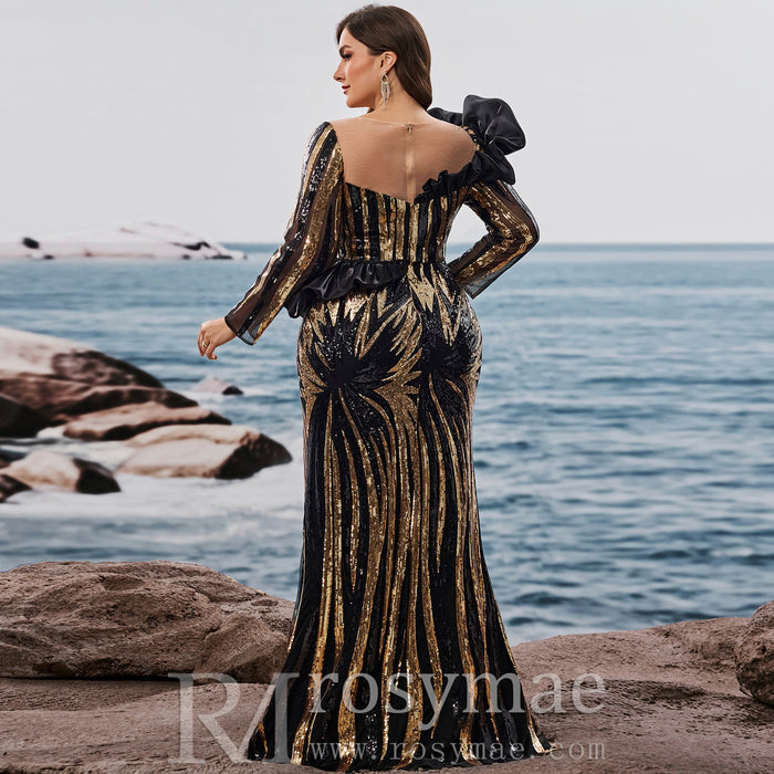 Plus Size Luxury Sequin Long Sleeves Mermaid Evening Dress with Ruffle Trim - Rosymae