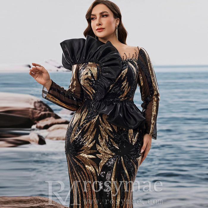 Plus Size Luxury Sequin Long Sleeves Mermaid Evening Dress with Ruffle Trim - Rosymae