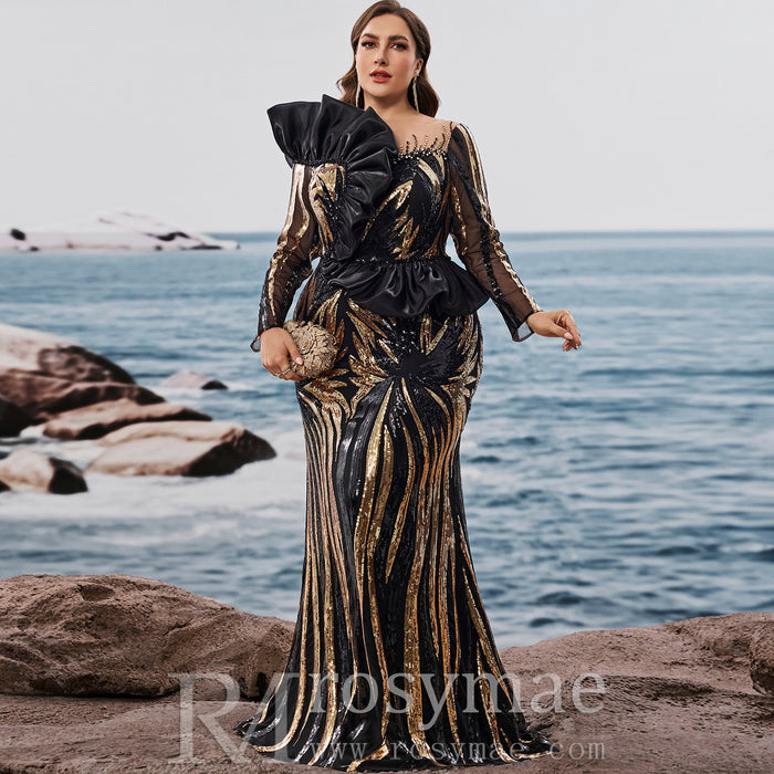 Plus Size Luxury Sequin Long Sleeves Mermaid Evening Dress with Ruffle Trim - Rosymae