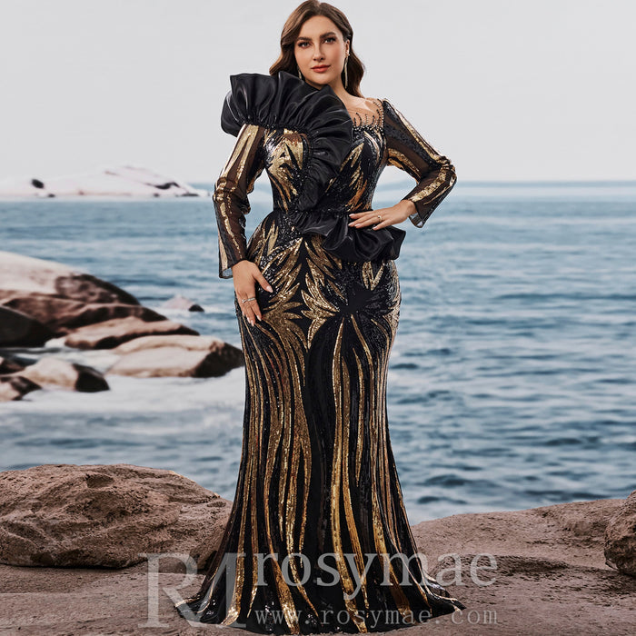 Plus Size Luxury Sequin Long Sleeves Mermaid Evening Dress with Ruffle Trim - Rosymae