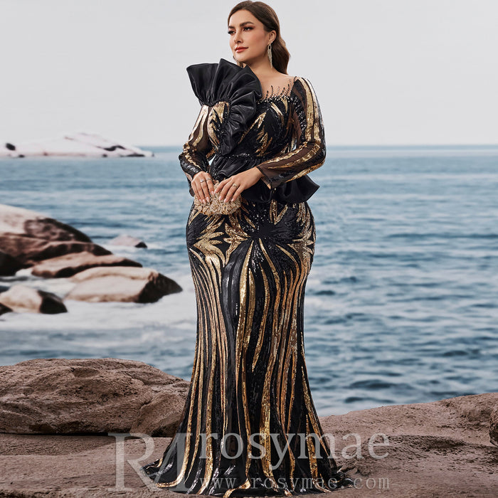 Plus Size Luxury Sequin Long Sleeves Mermaid Evening Dress with Ruffle Trim - Rosymae