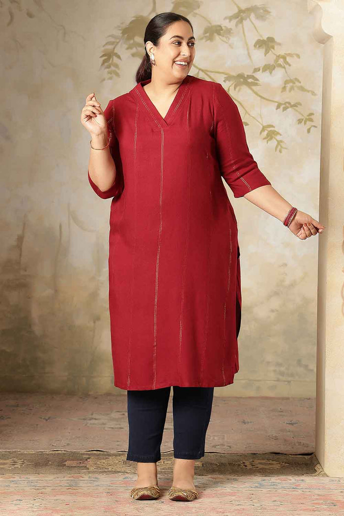 Plus Size Maroon Golden Pin Striped V-Neck Kurta
