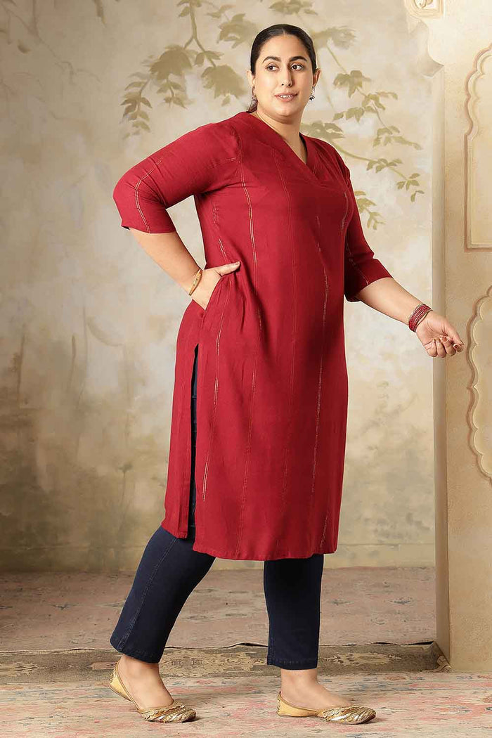 Plus Size Maroon Golden Pin Striped V-Neck Kurta