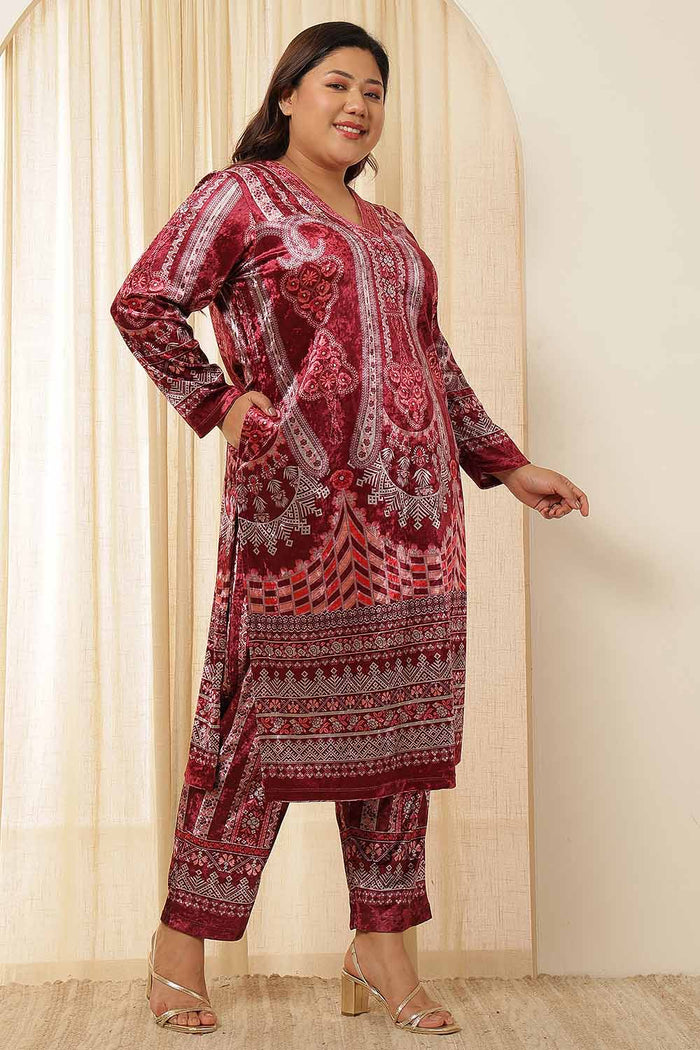 Plus Size Maroon Paisley Velvet kurta