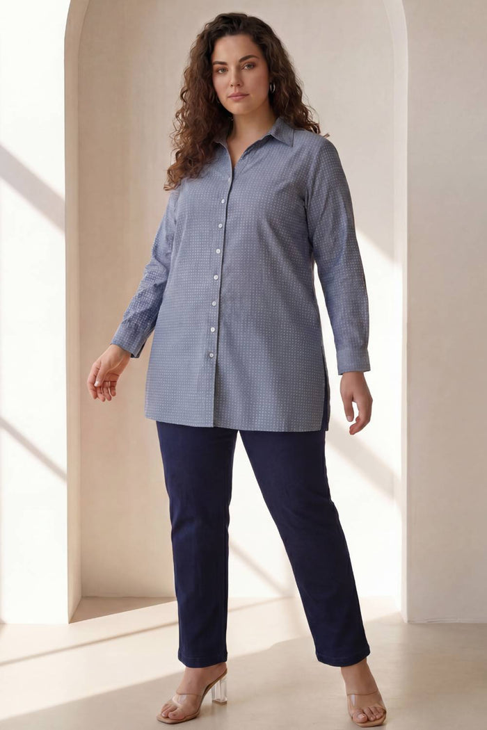 Plus Size Mid Blue Cross Weave Denim Cotton Shirt