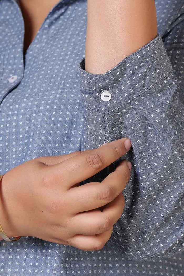 Plus Size Mid Blue Cross Weave Denim Cotton Shirt