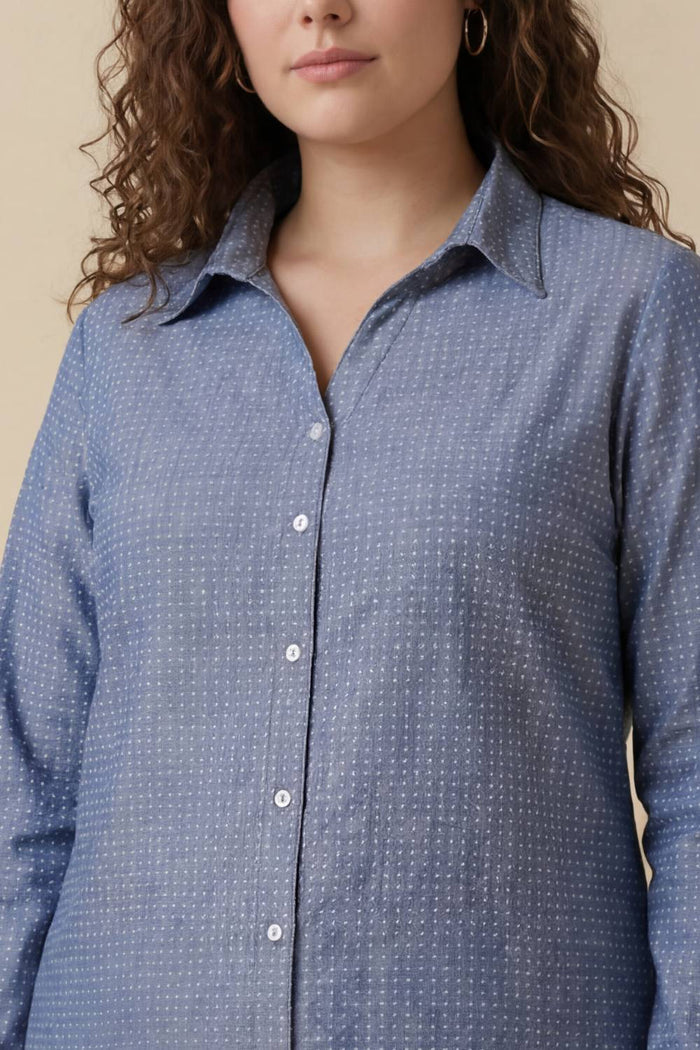 Plus Size Mid Blue Cross Weave Denim Cotton Shirt