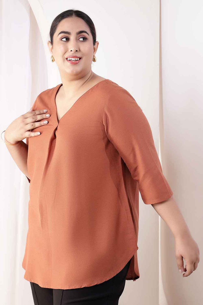 Plus Size  Mocha Brown V-Neck Cotton Linen Top