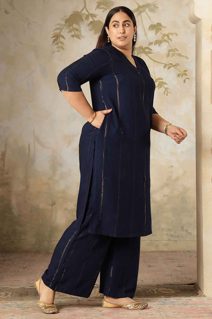 Plus Size Navy Blue Golden Pin Striped Kurta Coord Set