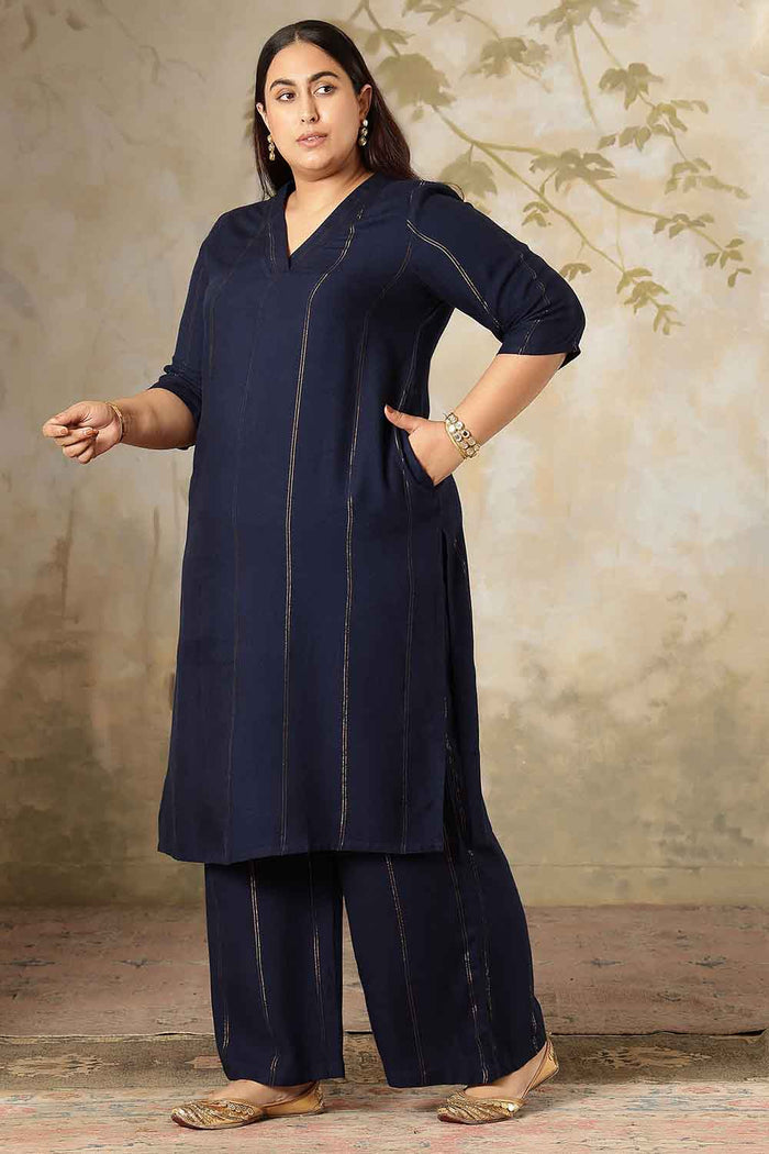 Plus Size Navy Blue Golden Pin Striped Kurta Coord Set